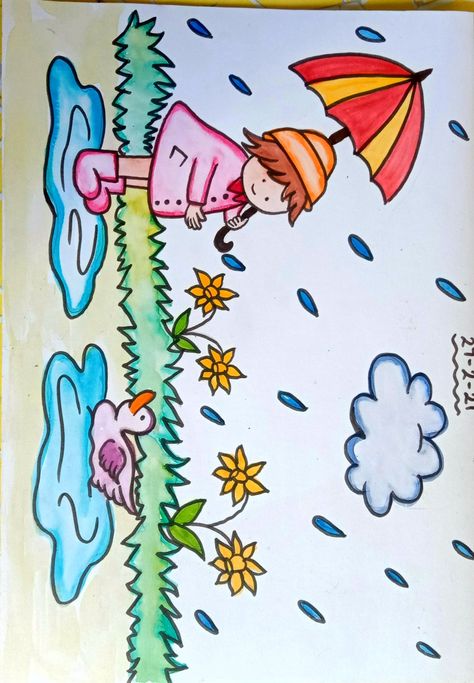 Class 3 Drawing Ideas, Monsoon Drawings For Kids, Drawing For 3rd Class Students, Helping Others Drawing Easy, Rainy Day Drawing For Kids, Children Drawing Ideas For Kids, Drawing Umbrella, Rainy Day Drawing, Drawing Pictures For Kids