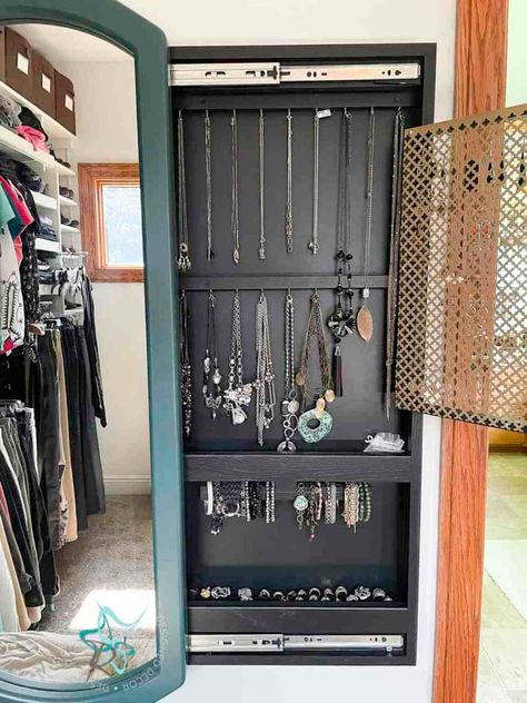 Jewlrey Organization Mirror, Closet Jewelry Display Ideas, Wall Mirror Jewelry Cabinet, Photo Frame Jewelry Organizer, Diy Full Length Mirror With Storage, Diy Mirror Storage, Wall Mount Jewelry Cabinet, Diy Mirror Jewelry Cabinet, Jewelry Wall Cabinet