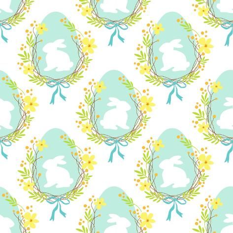 size: 12x12in Art Print: Cute Rustic Hand Drawn Easter Seamless Pattern with Wreath of Spring Flowers, Egg and Bunny for You by Cute Designs : Easter Pattern, Easter Prints, Spring Prints, Art Coffee, Easter Design, Whimsical Garden, Print Inspiration, Nursery Wallpaper, Floral Vine