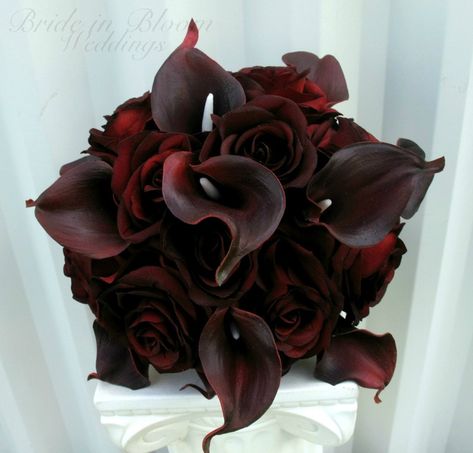 Wedding Bouquet Real Touch Majestic Red Calla Lily Black | Etsy Canada Wedding Bouquets Black, Calla Lily Black, Black Baccara Roses, Red Calla Lily, Head Table Wedding Backdrop, Wedding Table Garland, Vampire Oc, Black Scene, Flower Moxie