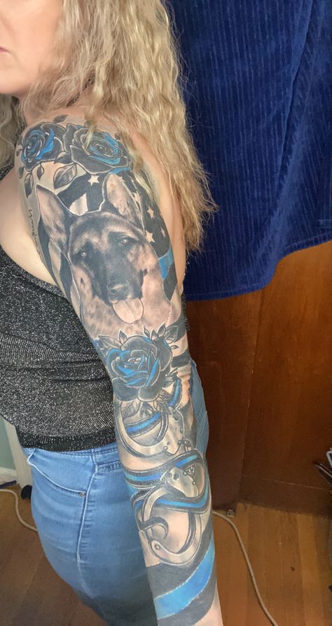 Blue line flag with German Shepherd Sheep Dog Tattoo Law Enforcement, Blue Line Flag Tattoo, Blue Ink Line Tattoo, Back The Blue Tattoo, Blue Line Tattoo For Women, Blue Line Wife Tattoo, Blue Line Flag, Flag Tattoo, Blue Tattoo