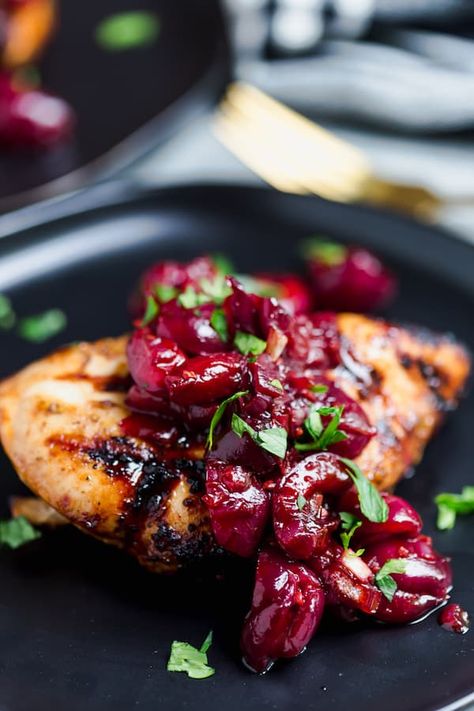 Grilled Chicken with Cherry Balsamic Sauce | greens & chocolate Cherry Sauce Recipe, Balsamic Cherries, Balsamic Sauce, Filet Mignon Recipes, Cherry Sauce, Cherry Recipes, Sauce For Chicken, Grilled Veggies, Grilled Chicken Recipes