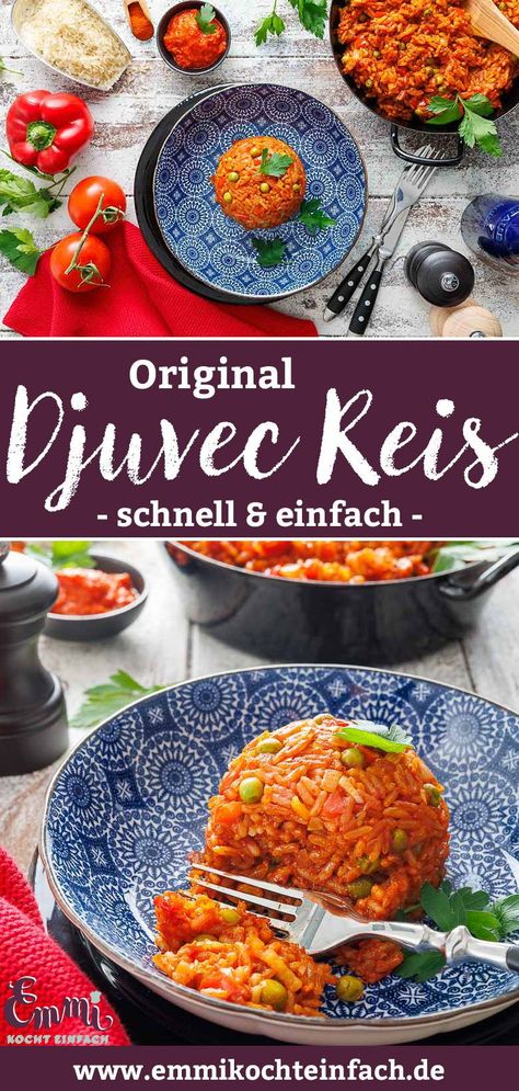 Djuvec Reis nach Original Rezept. Der aromatische Gemüsereis ist in 30 Minuten fertig auf dem Tisch. Die Beilage erinnert an Kroatien-Urlaub am Meer und schmeckt mit viel Gemüse tomatig, fruchtig, lecker. Der Balkan-Klassiker passt als vegetarisches Hauptgericht oder als Beilage zu gebratenem Fleisch oder Fisch. Rezepte Einfach | Leckere vegetarische Rezepte Blogger