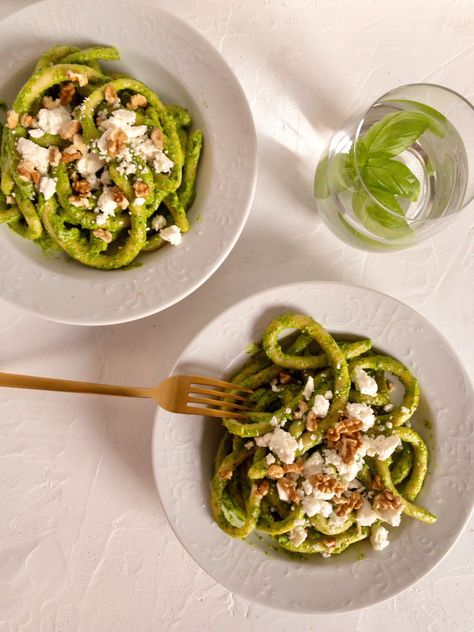 Vegan Bigoli pasta with wild garlic pesto | Flavour Dreams Vegetarian Italian Recipes, Tofu Pasta, Wild Garlic Pesto, Garlic Pesto, Vegan Feta, Vegan Soul Food, Noodle Machine, Make Pasta, Vegan Lasagna