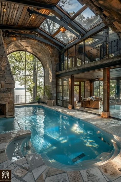 House With Pool In The Middle, Mansion Indoor Pool, Aesthetic Pools, Underground Pool, Inside Pool, Florida Pool, Luxurious Pool, Indoor Pool Design, Pool House Designs