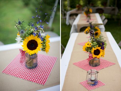 simple sunflower center piece Cookout Centerpieces Backyard Bbq, Sunflower Centrepiece, Simple Sunflower, Barnyard Birthday Party, Sunflower Centerpieces, Farm Animal Party, Country Party, Purple Gingham, Red Napkins