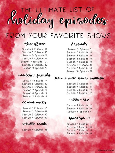 The Office Christmas Episode List, Friends Holiday Episodes, Friends Christmas Tv Show, Friends New Year Episode, Sitcom Christmas Episodes, Modern Family Halloween Episode, Fall Episodes Of Friends, Christmas Tv Show Episodes, Friends Halloween Episode