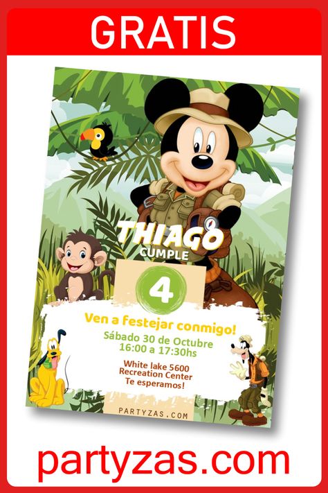 Invitación Mickey Safari GRATIS para Editar. Crea esta Tarjeta Invitación Digital de Mickey Pluto Goody Safari para imprimir o enviar por Whatsapp. Visita PARTYZAS.COM para ver otros personajes. Mickey Mouse Safari Invitations, Safari Invitation Card, Safari Template, Safari Invitation, Mickey Invitations, Miki Mouse, Safari Invitations, Card Edit, Mickey Safari