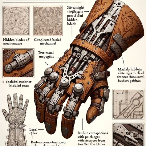 Nawi's 1880s Western Gauntlet integrates a series of mechanisms including retractable blades, dart chambers, grappling hook, lock picks within the fingers, protective metal plates, storage compartments, and alert systems. This design showcases a melding of Wild West aesthetics with advanced functionality. Meant for decedents of his friends in the far northwest, usually ones who befriended and lived among the decedents of the famous revolutionary war hero Connor Kenway.