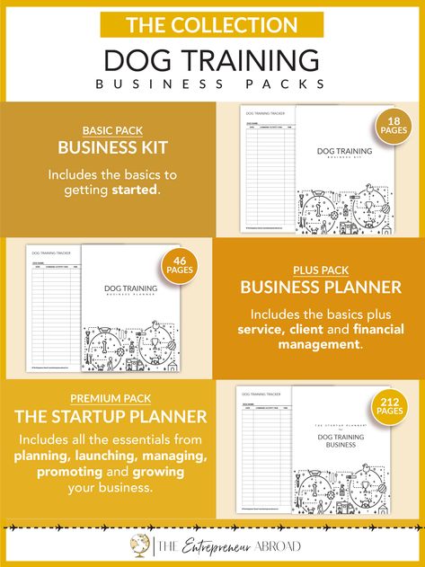 DOG TRAINING BUSINESS PACKS - PRINTABLE This is a business starter kit for dog training. This planner includes the essentials from dog training agreement, dog training chart, socialization checklist, training session, etc. Plus all the other things for planning, launching, managing, promoting and growing your business. #businessplanner #dogtraining #dogtrainingbusiness #startupbusiness #entrepreneurplanner #smallbusinessplanner #petbusiness #servicebusiness Dog Training Business, Training Tracker, Socializing Dogs, Training Business, Printable Dog, Service Dog Training, Marketing Planner, Small Business Planner, Pet Businesses