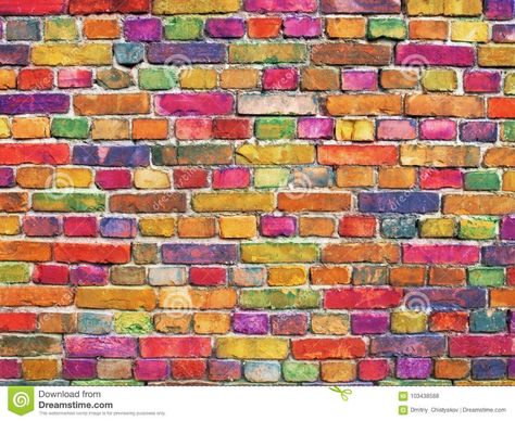 Multicolor Brick Wall, Bright Color Stone Surface Background Stock Photo - Image of dirty, urban: 103438588 Exterior Wall Art Painting, Rainbow Brick Wall, Colorful Brick Wall, Brick Wall Painting Art, Brick Wall Painting Ideas, Colored Brick Wall, Brick Mural, Colourful Walls, Painted Brick House Exterior