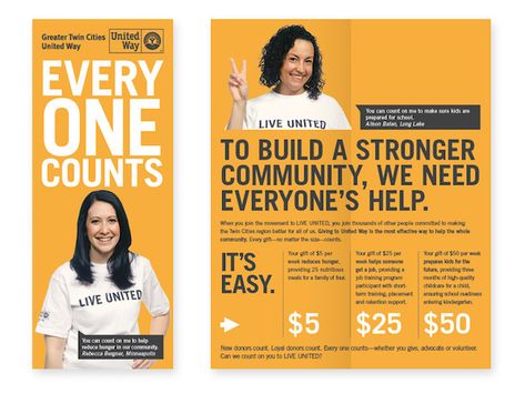 United Way Orange Nonprofit Brochure Example : Use a contrasting color to highlight important info -- If you want something to stand out from the text around it, use a contrasting color to make it pop. Color can be used to help indicate hierarchy in your design. Now if you are able to complementary colors, that’s even better and the content will stand out like a beacon. In this marketing brochure example, they use white text to highlight their motto and the donation values, while keeping all the Nonprofit Brochure Design, Non Profit Brochure, Nonprofit Brochure, Creative Brochure Design Ideas, Orange Template, Amazing Brochure, Creative Brochure Design, Nonprofit Design, Business Description