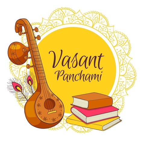 Hand drawn musical instrument and pile o... | Free Vector #Freepik #freevector #saraswati #vasant #vasant-panchami #hindu Happy Basant Panchami, Happy Vasant Panchami, Vasant Panchami, Basant Panchami, Best Health Insurance, Saraswati Goddess, Pile Of Books, Board Decoration, You Are Blessed