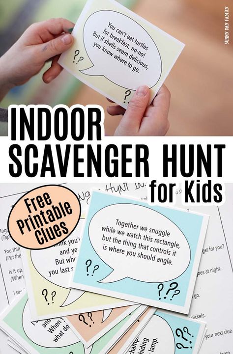 Follow the clues to find a fun surprise with this FREE printable indoor scavenger hunt for kids! Includes 10 clues and 2 blank cards to customize your own. Perfect rainy day activity for kids, playdate activity, or fun for a kids birthday party idea! Super cute free printables for kids! #scavengerhunt #forkids #freeprintables #kids Printables Organizational, Indoor Scavenger Hunt For Kids, البحث عن الكنز, Playdate Activities, Scavenger Hunt Riddles, Indoor Scavenger Hunt, Rainy Day Activities For Kids, Rainy Day Activity, Indoor Birthday