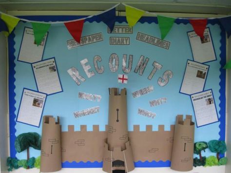 Newspaper Recounts Display Castle Theme Bulletin Board, Vikings Display Ks2, Castle Display Ks1, Knights And Castles Topic Eyfs, Fairytales Display Board, Castle Theme Classroom, Castle Classroom, 3d Castle, Display Boards For School