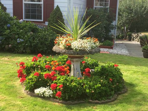 Great planter idea. Low and tall flowers in a bird bath. Tulips Around Tree Base, Flowers Around Bird Bath, Flower Bed With Bird Bath, Bird Bath In Flower Bed, Flower Garden With Bird Bath, Front Yard Fountain, Bird Bath Planter, Yard Fountain, Paver Ideas