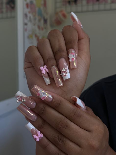 Chrome Hello Kitty Nails, Hello Kitty Foil Nails, Vivienne Westwood Nails, Kitty Nails, Baddie Nails, Hello Kitty Nails, Cat Nails, Foil Nails, Nails Inspo