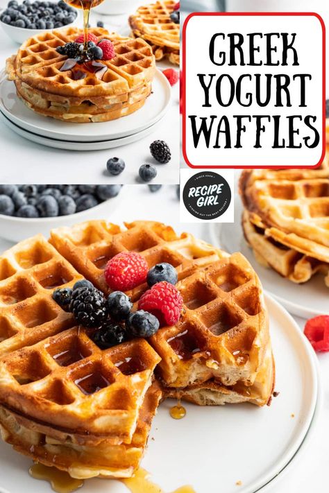 Greek Yogurt Waffles recipe from RecipeGirl.com #greek #yogurt #waffles #recipe #RecipeGirl Healthy Breakfast Waffles, Yoghurt Waffles, Yogurt Waffle Recipe, High Protein Waffle Recipe, Pancakes Ideas, Greek Yogurt Waffles, Yogurt Waffles, Greek Yogurt Banana Bread, Pancake Ideas