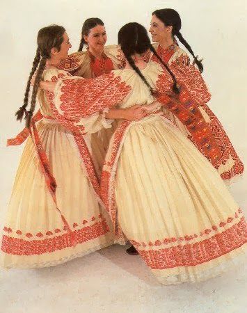 Overview of Croatian costume with red embroidery; Western Pannonian Croatia Croatian Dress, Croatian Clothing, Folk Dress, Folk Clothing, European Dress, Folk Dresses, Folk Dance, Folk Fashion, Folk Costume