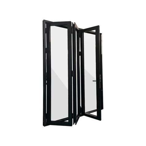 Low track system.. Double tempered glass filled with argon gas.. Thermally broken aluminum, black, powder coated color.. Eris Bifold Doors 72-in x 80-in x 3-in Jamb Low-e Argon Black Aluminum Folding Right-Hand Outswing Patio Door | BFO-7280-3R Acordian Doors, Bifold Exterior Doors, Bifold Doors Onto Patio, Folding Glass Patio Doors, Accordian Door, Folding Doors Exterior, Bifold Patio Doors, Accordion Door, Folding Patio Doors