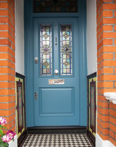 This luxury blue Victorian door painted in our unique colour, Cornflower features stunning stained-glass panels and traditional Victorian design elements. Blue Stained Glass Front Door, Victorian Cottage Front Doors, Tiffany Blue Door, Stained Glass Victorian Front Door, Stained Glass Door Victorian, Blue Painted Front Doors, Stainglass Front Doors, Front Doors With Stained Glass Panels, Front Door With Glass Design