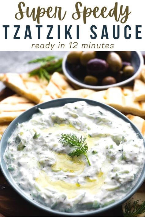 Super speedy tzatziki sauce made with just six simple ingredients! Perfect for dipping pita bread and veggie sticks, or to serve as a salad dressing! Ready in 12 minutes it's gluten-free, low carb, and meal prep friendly. Easy Chicken Gyros With Tzatziki Sauce, Chicken Gyros With Tzatziki Sauce, Tzatziki Sauce Easy, Gluten Free Meal Prep Recipes, Easy Chicken Gyros, Gyros With Tzatziki Sauce, Low Carb Meal Prep Recipes, Easy Tzatziki, Cucumber Yogurt Sauce