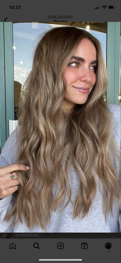 Dark Blonde Brown Eyes, Light Brown Hair Dimension, Bronde Lived In Hair, Emilie Kiser Hair, Light Brown Hair Babylights, Light Brown Hair Inspiration, Light Cool Brown Hair, Cool Toned Light Brown Hair, Mousy Brown Hair With Highlights