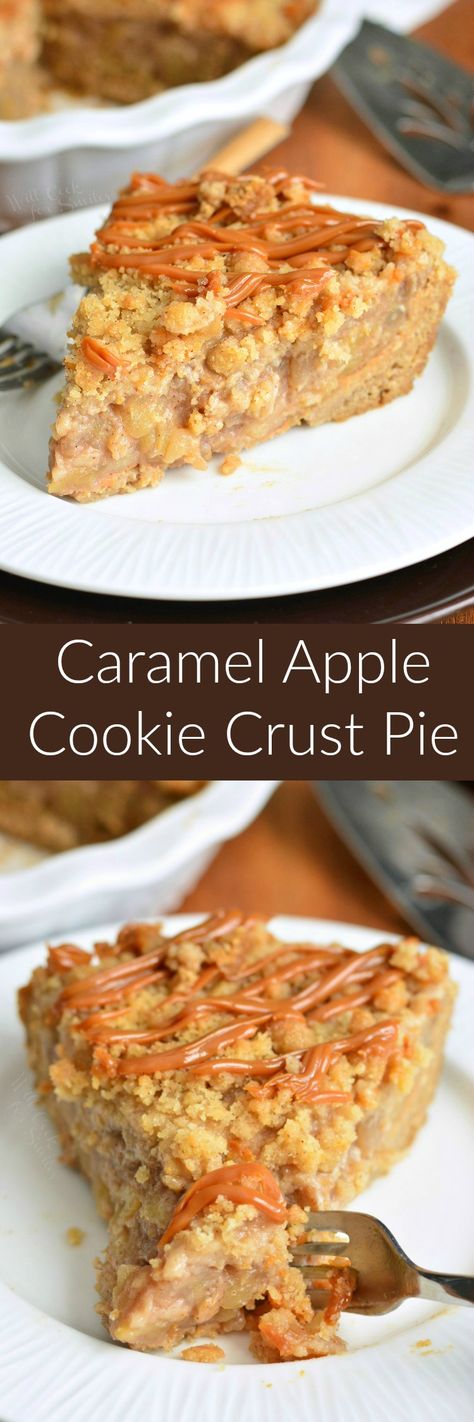 Caramel Apple Cookie Pie. This Caramel Apple Pie is pure heaven on a plate. The pie had a soft, sugar cookie crust, apple pie filling, sweet crumble, and layers of dulce de leche. Cookie Crust Pie, Pie With Cookie Crust, Halloween Pies, Caramel Apple Pie Cookies, Soft Sugar Cookie, Caramel Apple Cookies, Caramel Dessert, Apple Cookie, Apple Pie Cookies