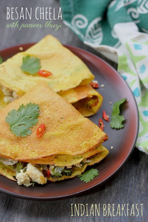 If you are from the South of Vindhyas, cheela / chila is not a much heard of term. It is a staple North Indian breakfast dish. To put it in simple terms, it is like an instant dosa made using besan. However unlike adai, which is a lentil based dosa preparation, cheelas are much thinner and crepe lik Paneer Bhurji Recipe, Bhurji Recipe, Paneer Bhurji, Vegetarian Recepies, Veg Snacks, Indian Appetizers, Savory Crepes, Chick Pea, Happy Cooking