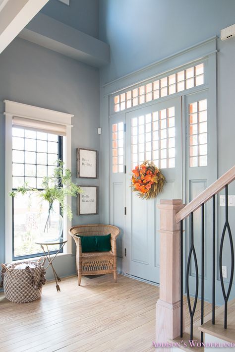 fall home decorating ideas Uncertain Gray, Stairway Railing, Craftsman Doors, Home Decorations Ideas, Blue Grey Walls, Door Basket, Black Window, Fall Home Tour, Gray Walls