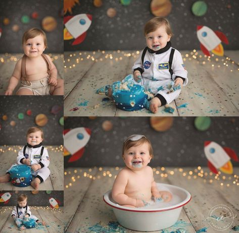 Space Smash Cake, Birthday Party Planning Checklist, First Birthday Photography, 1st Birthday Pictures, Astronaut Birthday, Space Theme Party, Baby Boy 1st Birthday Party, 1st Birthday Photoshoot, Smash Cake Boy