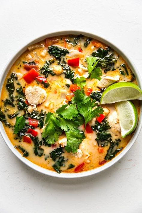 Chicken Chickpea Curry, Kale Curry, Chicken And Chickpea Curry, Thai Red Curry Soup, Curry Chicken Soup, Chicken Chickpeas, Coconut Chickpea Curry, Coconut Chickpea, Coconut Soup Recipes