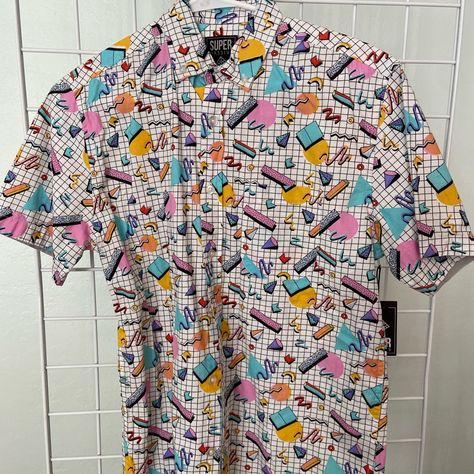 Men Size Small Button Down Retro Print Shirt 80s Button Up Shirt Women, Patterned Button Up, Funky Button Up Shirts, Fun Button Up Shirt, Swaggy Clothes, Outfit Wishlist, 80s Outfits, Patterned Button Up Shirts, Funny Buttons