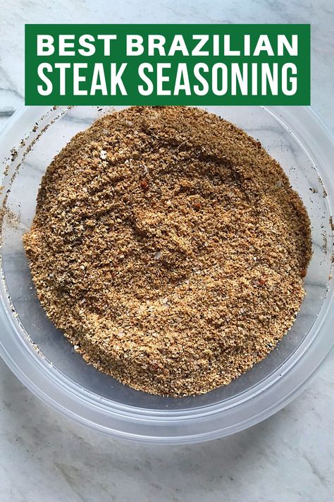 This Brazilian Steak Seasoning is smokey, savory, and full of incredible flavor. Add to steak, chicken, fish, or veggies to enhances the natural flavors. #steakseasoning #grillingseasoning #beefseasoning Montana Steak Seasoning Recipe, Brazilian Steakhouse Seasoning Recipe, Brazilian Steak Seasoning, Brazilian Steak Marinade, Brazilian Seasoning Recipe, Brazilian Steakhouse Recipes, Steak Seasoning Recipes Rubs, Meat Seasoning Recipes, Steak Rubs For Grilling