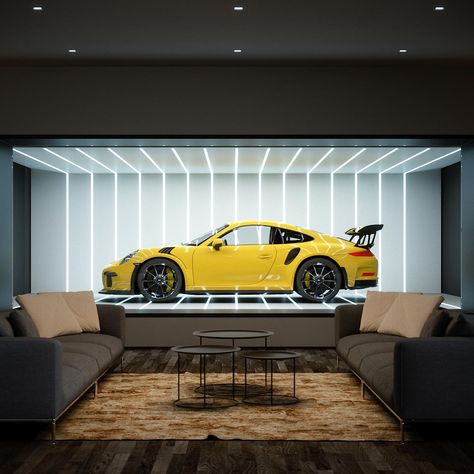 living room porsche super car capsule Super Car Garage Design, Car House Design, Cars Inside House, Garage Living Room Ideas, Living Room Garage, Car Living Room, Super Car Garage, Cool Car Garage, Car In Living Room