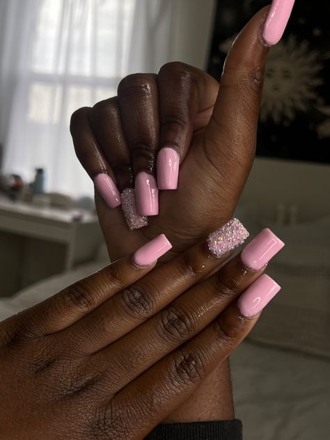 Plain Nails With Diamonds, Nail Art Ideas With Rhinestones, Short Pink Nails With Gems, Basic Rhinestone Nails, Pink With Diamonds Nails, Plain Pink Nails With Gems, Plain Pink Nails With Rhinestones, Basic Birthday Nails, Pink Acrylic Nails With Gems