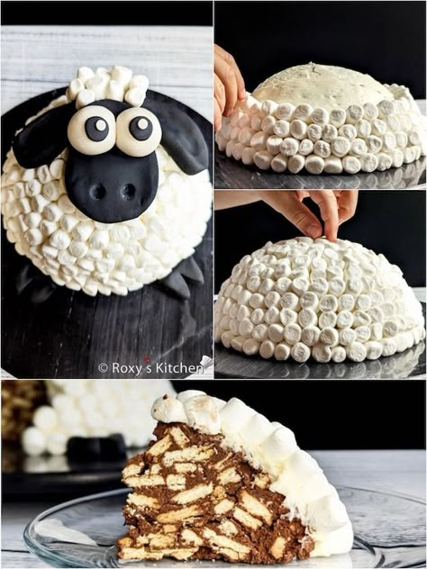 Sheep Balloon, Sheep Desserts, Sheep Cake Ideas, Sheep Birthday Cake, Lamb Cake Decorating Ideas, Marshmallow Sheep Cake, Green Sheep Cake, Sheep Cakes, Sheep Cake Marshmallows