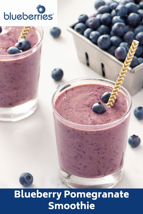 We can’t think of a smoother way to fill your day with more fruits and veggies! This 5 Ingredient Blueberry Pomegranate Smoothie blends the sweet-tart flavors of blueberry and pomegranate for a refreshing treat. Even better, it has all the health benefits of spinach wrapped up in one bold, fruity package. Blueberry Pomegranate Smoothie, Banana Yogurt Smoothie, Low Sugar Smoothies, Pomegranate Smoothie, Blueberry Pomegranate, Highbush Blueberry, Smoothie Recipes With Yogurt, Berry Smoothie Recipe, Blueberry Smoothie