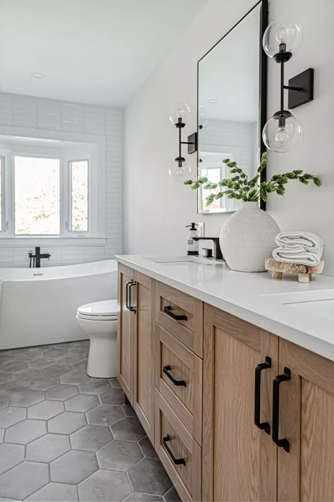 Master Bath Modern Farmhouse Style, Bathroom Layout Double Vanity, Bathroom Inspo Master Bath, Bathroom Inspiration Black Hardware, Bathroom Design Themes, Master Bath Tile Inspiration, Wood Bathroom Vanity With Wood Floor, Bathroom Spa Like, Bathroom Remodel Wood Cabinets