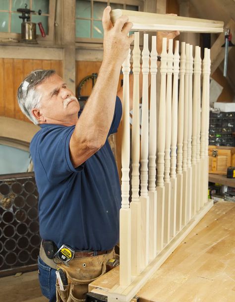 How to Build a Spindle Headboard - This Old House Spindle Headboard, Crib Makeover, Door Headboard, Farmhouse Headboard, Spindle Bed, Interior Stair Railing, Stair Balusters, Steel Bed Frame, Handrail Design