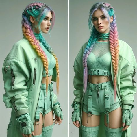 Cyberpunk Vibes #aiart #aiartcommunity #aiartist #aiphotography #cyberpunkstyle #cyberpunk #multicoloured #braids #dalle3 #aiartofinstagram #generativeart #visualart #digitalart #digitalphotography #scifi #aifashion #aifashionphotography Vaporwave Outfit Aesthetic, Casual Cyberpunk Outfit, Jinx Inspired Outfit, Pink Cyberpunk Outfit, Cyberpunk Inspired Outfit, Cyberpunk Outfit Ideas, Scifi Oc, Pastel Cyberpunk, Comfy Rave Outfit