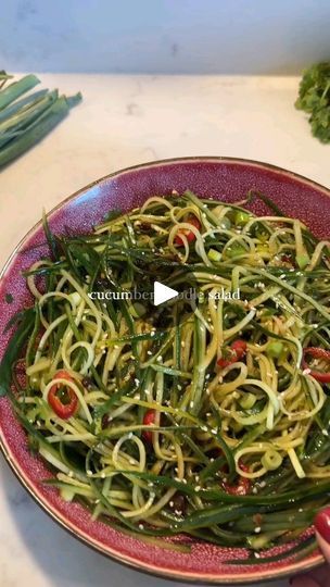 Chinese Sides, Cucumber Noodle Salad, Cucumber Noodles, Rice Noodle Salad, Julienne Peeler, Chilli Oil, Low Carb Salad, Potato Peeler, Spring Onions