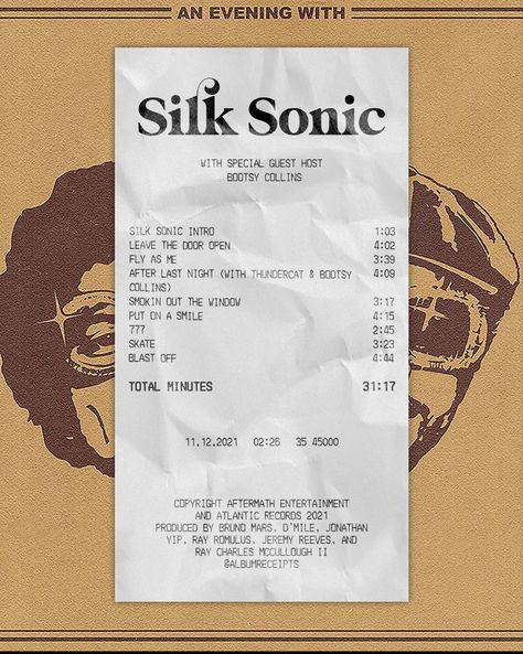 Bruno Mars Receipt, Album Receipts, Bruno Mars Album, Album Receipt, Mars Wallpaper, Mars Poster, Silk Sonic, Closet Wall, Bootsy Collins