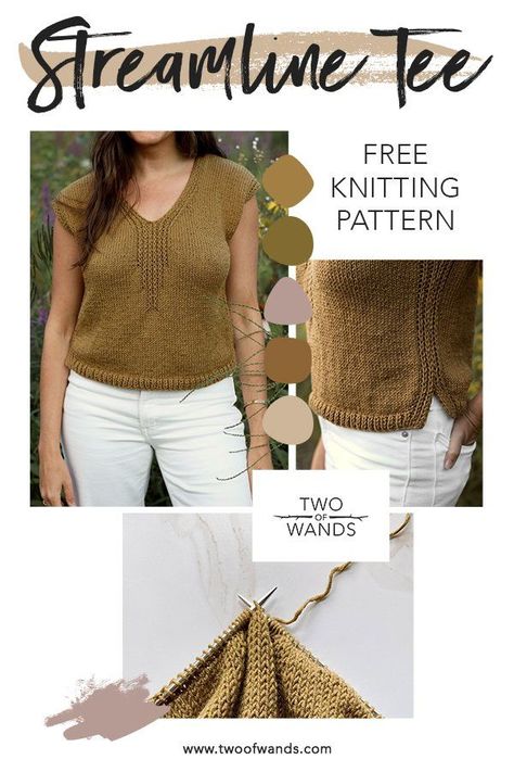 Streamline Tee Pattern by Two of Wands - knitting patterns Knitted Tshirt Pattern, Knit Shirt Pattern, Tee Knitting Pattern, Two Of Wands, Summer Knitting Patterns, Easy Knitting Patterns Free, Knit Top Patterns, Knitting Patterns Free Sweater, Beginner Knitting Patterns