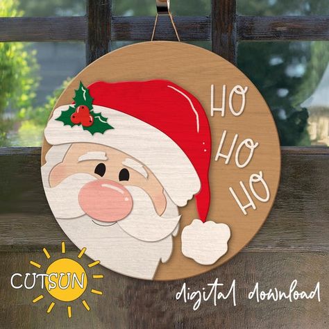 CutsunSVG - Etsy Santa Ho Ho Ho, Door Hanger Svg, Hanger Design, Jolly Santa, Christmas Door Hanger, Round Door, Unique Holiday Gifts, Christmas Charms, Holly Leaf