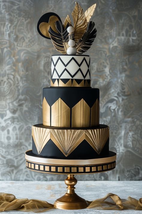 Roaring Twenties Elegance: Chic Art Deco Birthday Cake 3 Tier Cake Designs For Birthday, Art Deco Cake Birthday, Great Gatsby Cake Ideas, Roaring 20s Cake, 1920s Cake, Great Gatsby Cake, Black And Gold Birthday Cake, Gatsby Cake, Art Deco Birthday