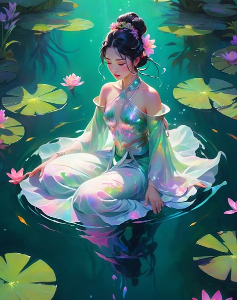 A lady in style of Goddess in water lake surrounded with lotus #aiart #art #goddess #water #lotus Dollars Money Wallpaper, Dollars Money, Water Goddess, Money Wallpaper, Night Clouds, Dark Black Wallpaper, Girl In Water, Motorcycle Art, Texture Vector