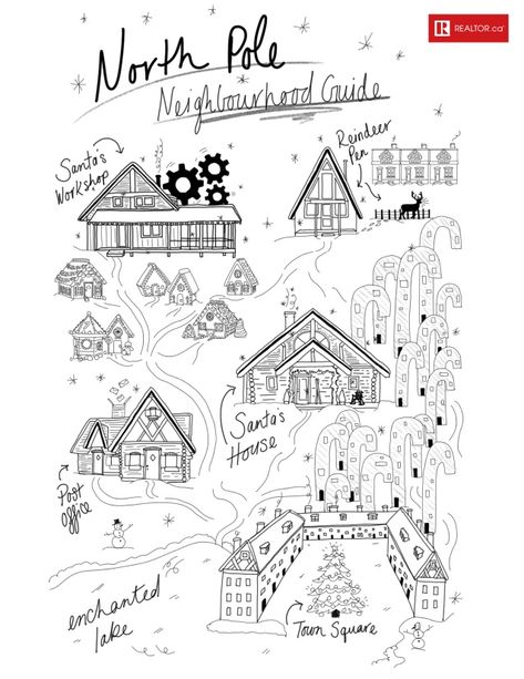 Village Map Drawing, Village Illustration, Village Coloring Pages, Santa Village, North Pole Map, Enchanted Lake, Santas Village, House Doodle, Coloring Pages Christmas