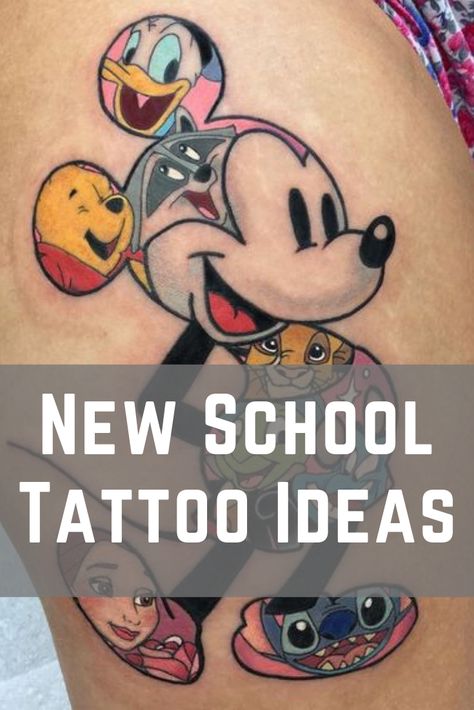 Check out our website for more Tattoo Ideas 👉 positivefox.com #newschooltattoos New School Disney Tattoo, 80 Cartoon Tattoos, 90s Sleeve Tattoo, Disney Forearm Tattoo, 90s Cartoon Tattoos Ideas, Comic Style Tattoo, New School Tattoo Designs Sketches, Cartoon Style Tattoos, 80s Tattoo Ideas