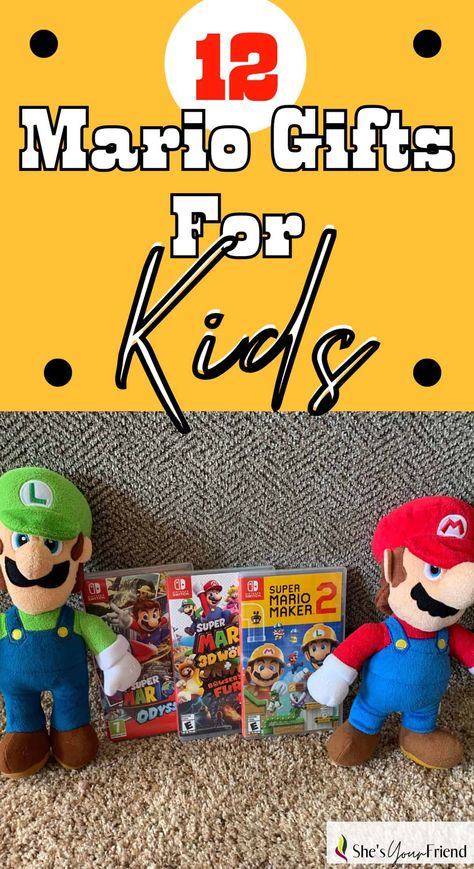 a mario plush a luigi plush and three super mario games with text overlay that reads twelve mario gifts for kids Super Mario Gift Ideas, Mario Gift Wrapping Ideas, Toy Ideas For Kids, Super Mario Bros Gifts, Mario Gifts, Super Mario Gifts, Movie Basket Gift, Toddler Stocking Stuffers, Stocking Stuffers For Kids